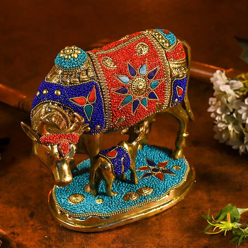 Decorative Colourful Kamdhenu with Calf Idol (Brass)