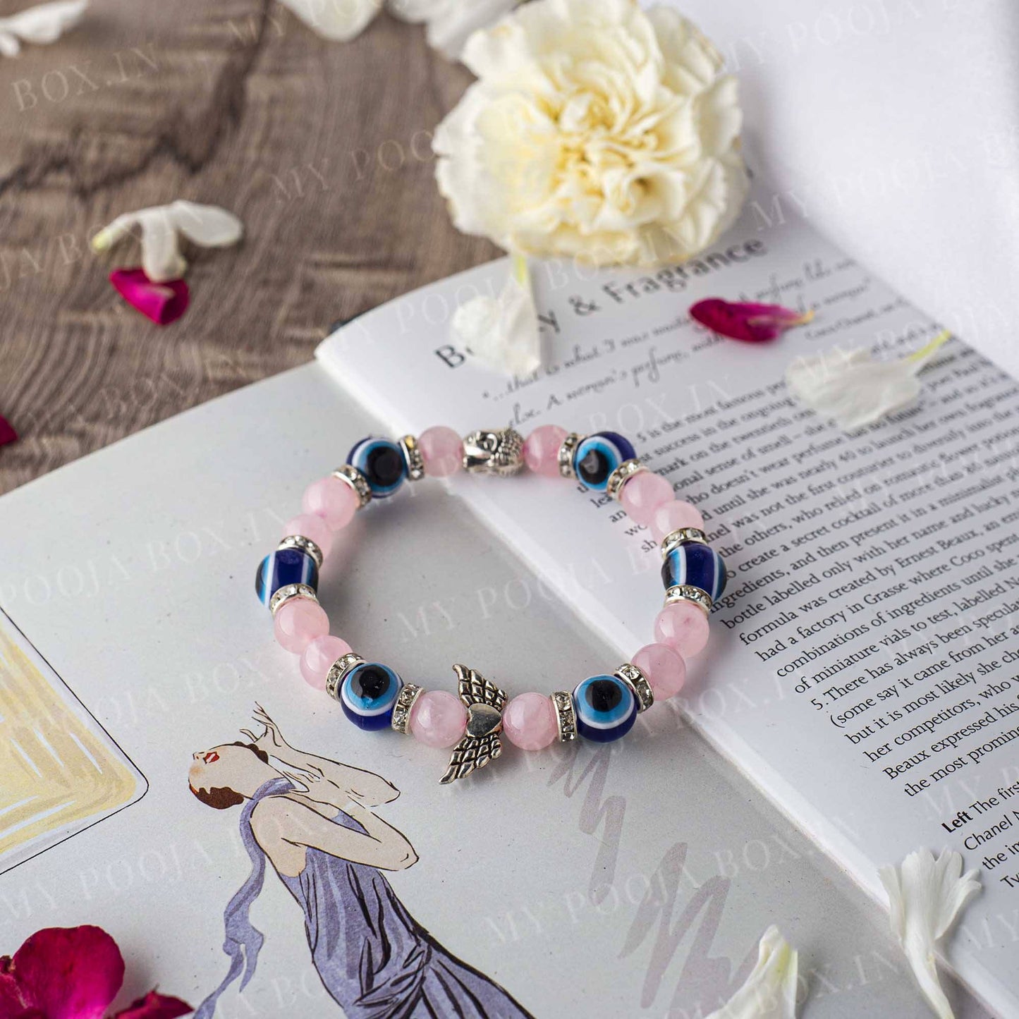 Rose Quartz & Evil Eye Bracelet with Buddha and Angel Wings Charm