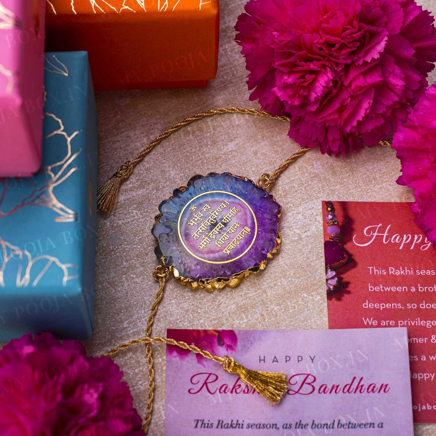 Gayatri Mantra Rainbow Agate Stone Rakhi