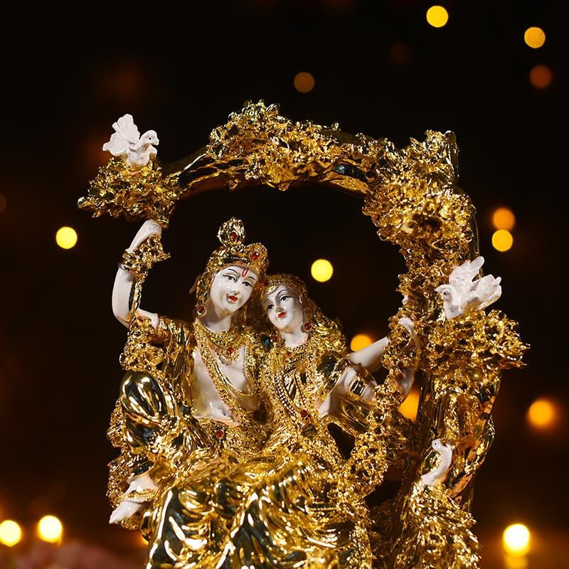 Antique Coral Gold And White Radha Krishna on Jhula