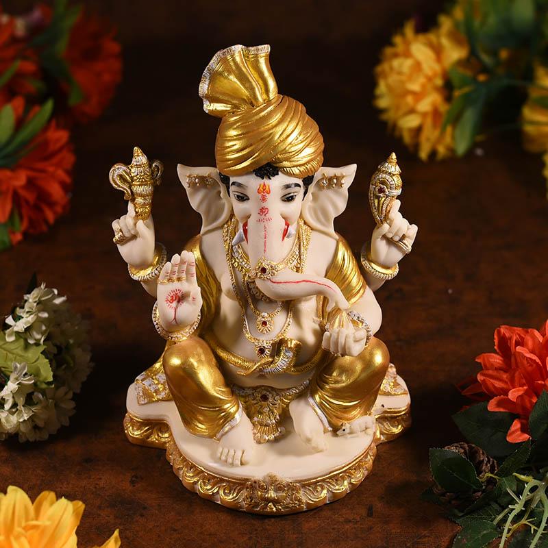 Divine Cream And Golden Sitting Ganesha
