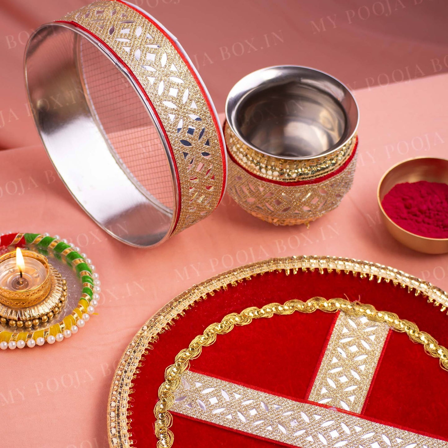 Red Mirrored Karwa Chauth Thali Set