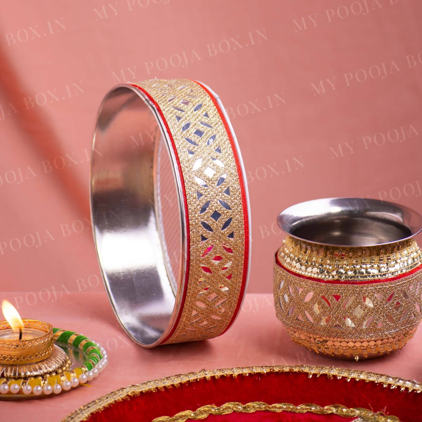 Red Mirrored Karwa Chauth Thali Set