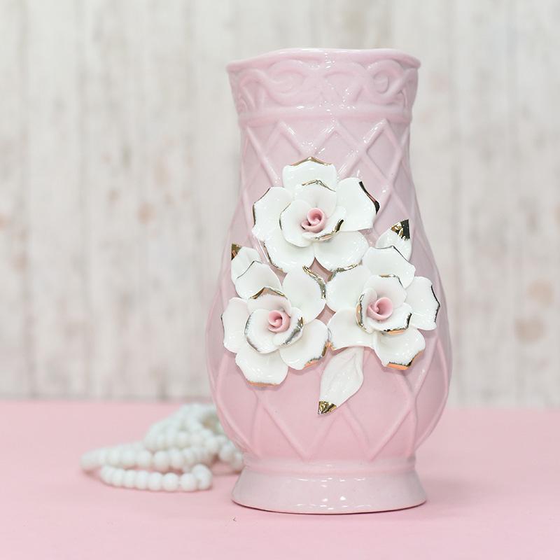 Crystal Pink Vase With White Roses