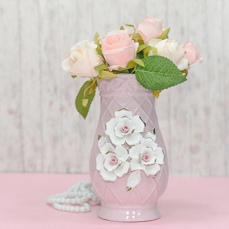 Crystal Pink Vase With White Roses
