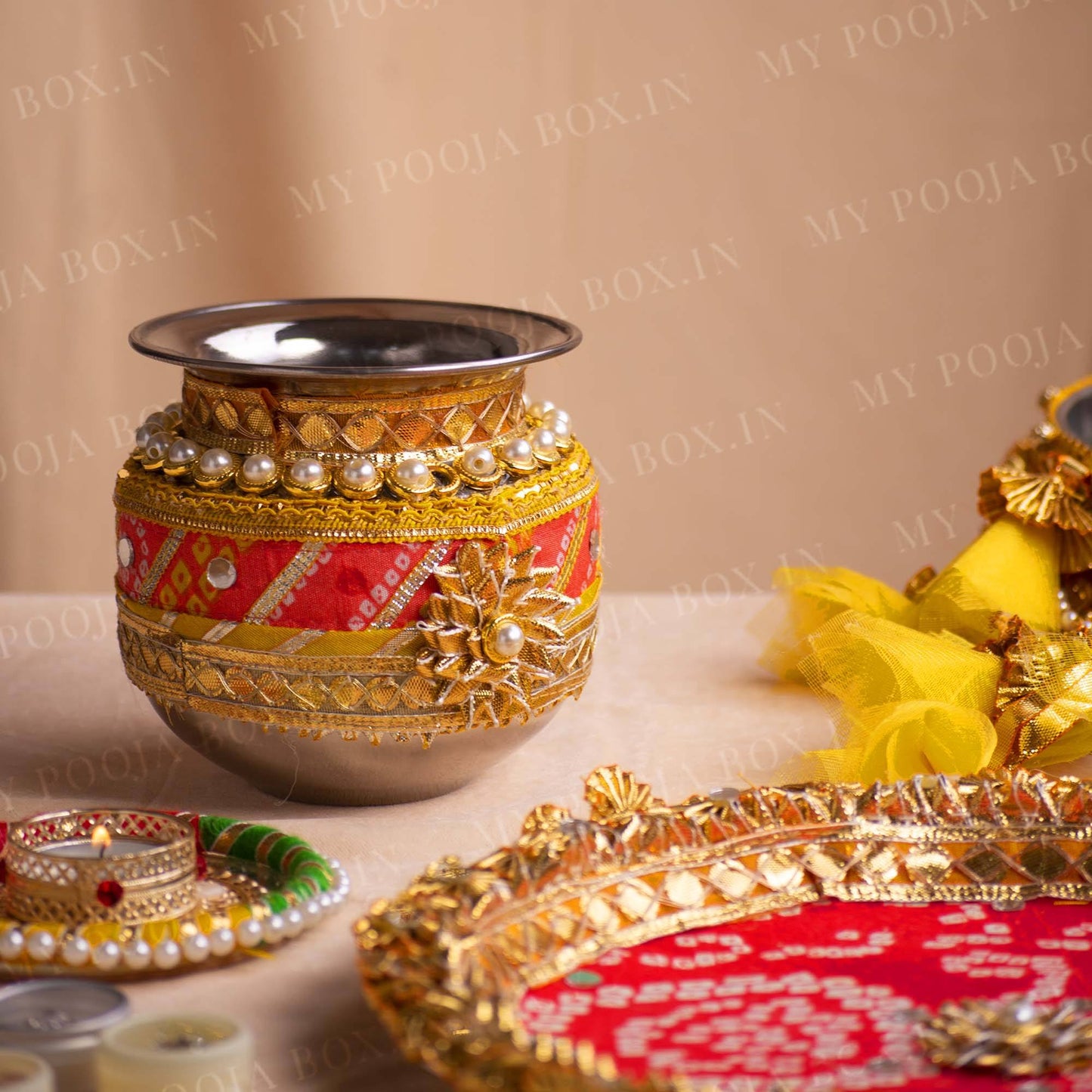 Peach & Yellow Bandhani Karwa Chauth Thali Set