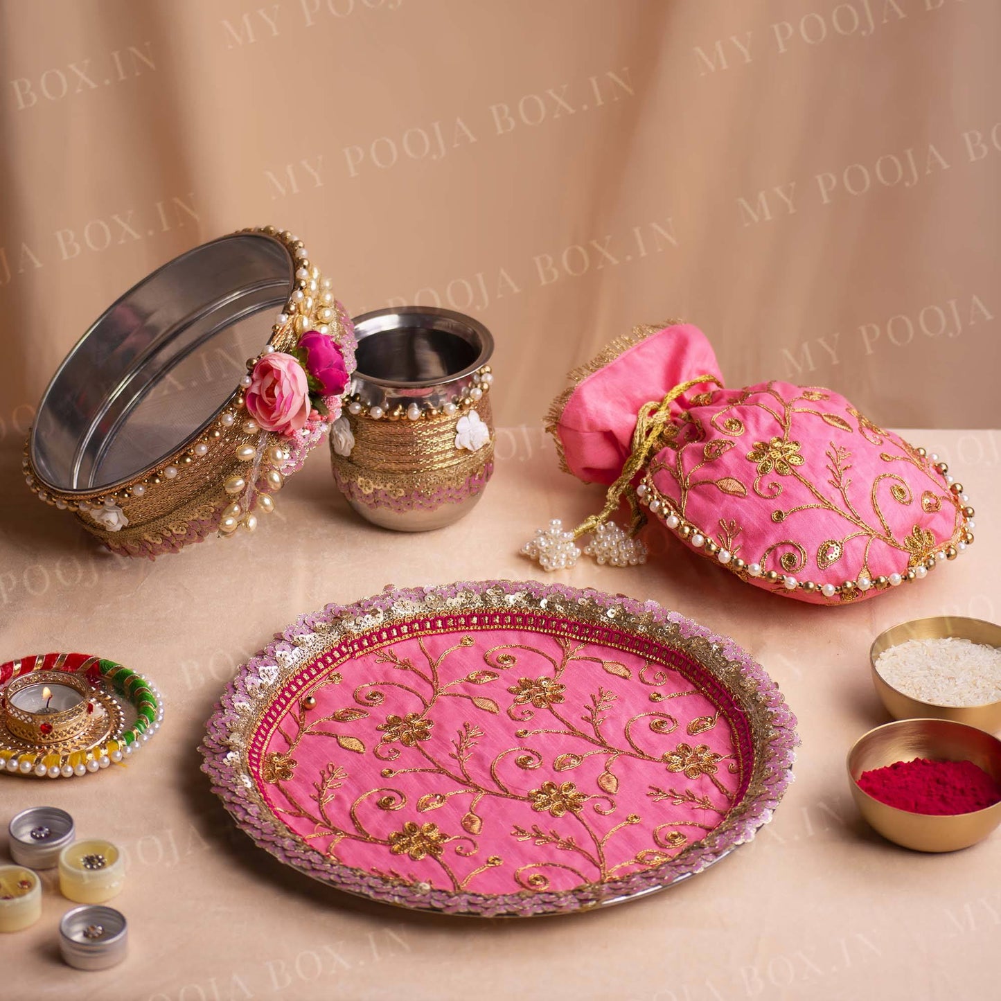 Floral Pink Bridal Karwa Chauth Thali Set