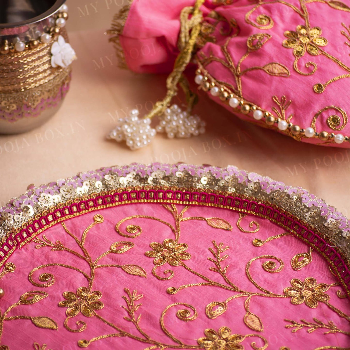 Floral Pink Bridal Karwa Chauth Thali Set
