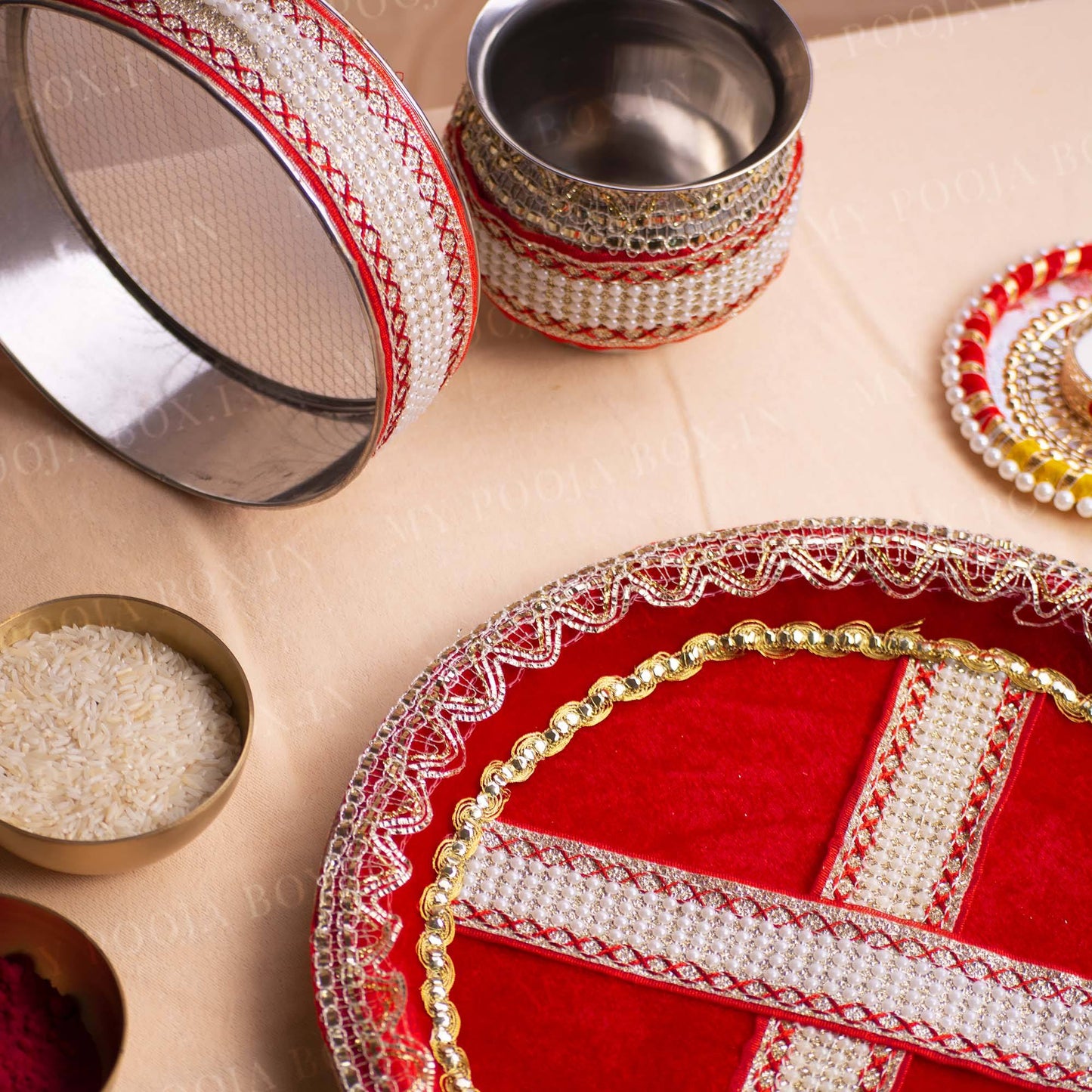 Red Pearl Karwa Chauth Thali Set