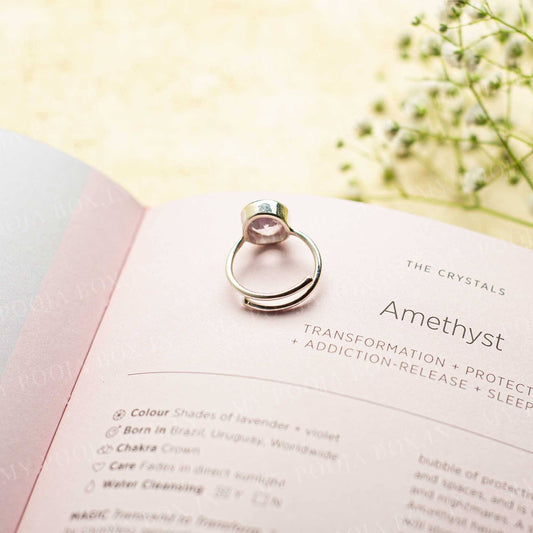 Amethyst Silver Adjustable Crystal Ring
