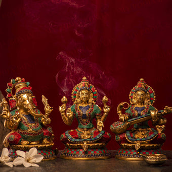 Antique Brass Laxmi Ganesha Saraswati Idol with Stone Work
