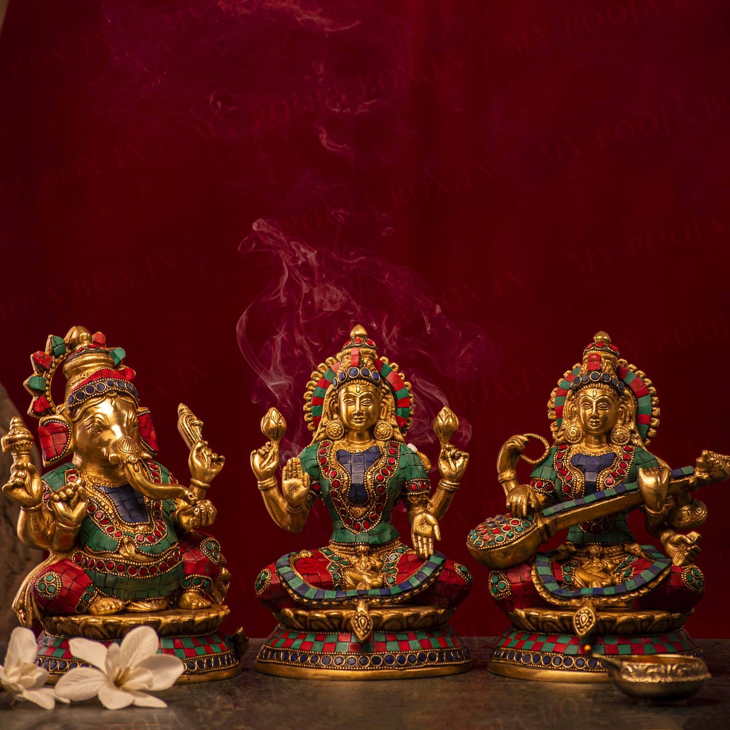 Antique Brass Laxmi Ganesha Saraswati Idol with Stone Work