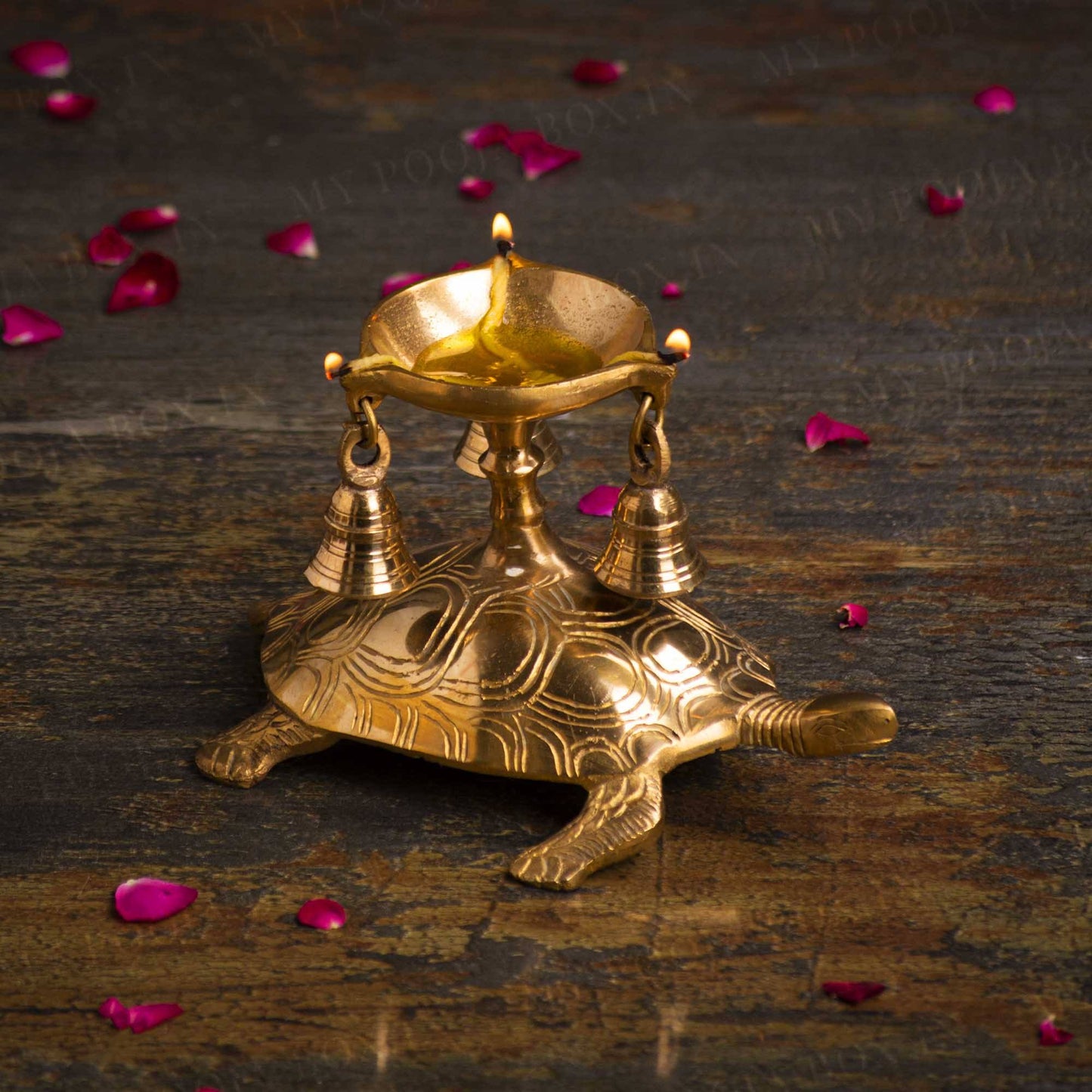 Antique Brass Tortoise Diya with Bells