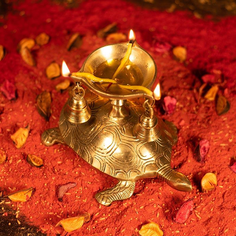 Antique Brass Tortoise Diya with Bells