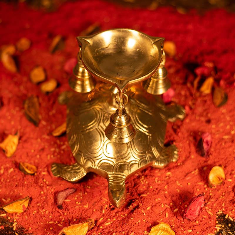 Antique Brass Tortoise Diya with Bells