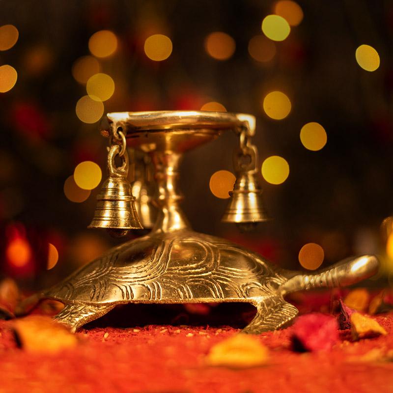 Antique Brass Tortoise Diya with Bells
