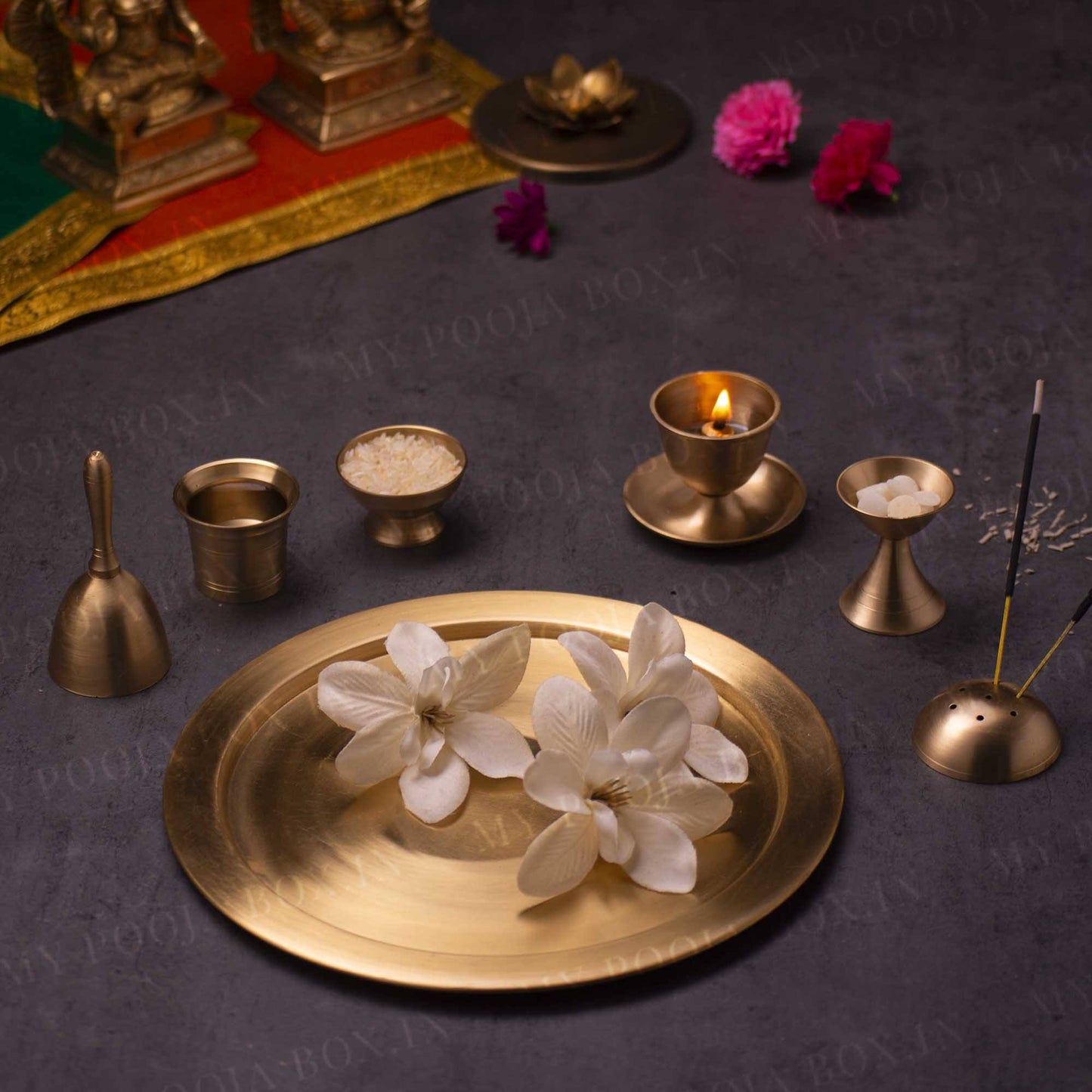Antique Brass Pooja Thali (Set of 7)
