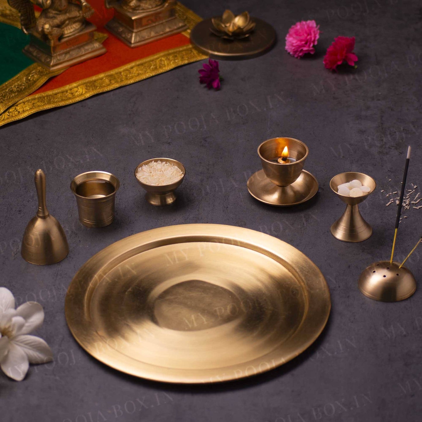 Antique Brass Pooja Thali (Set of 7)