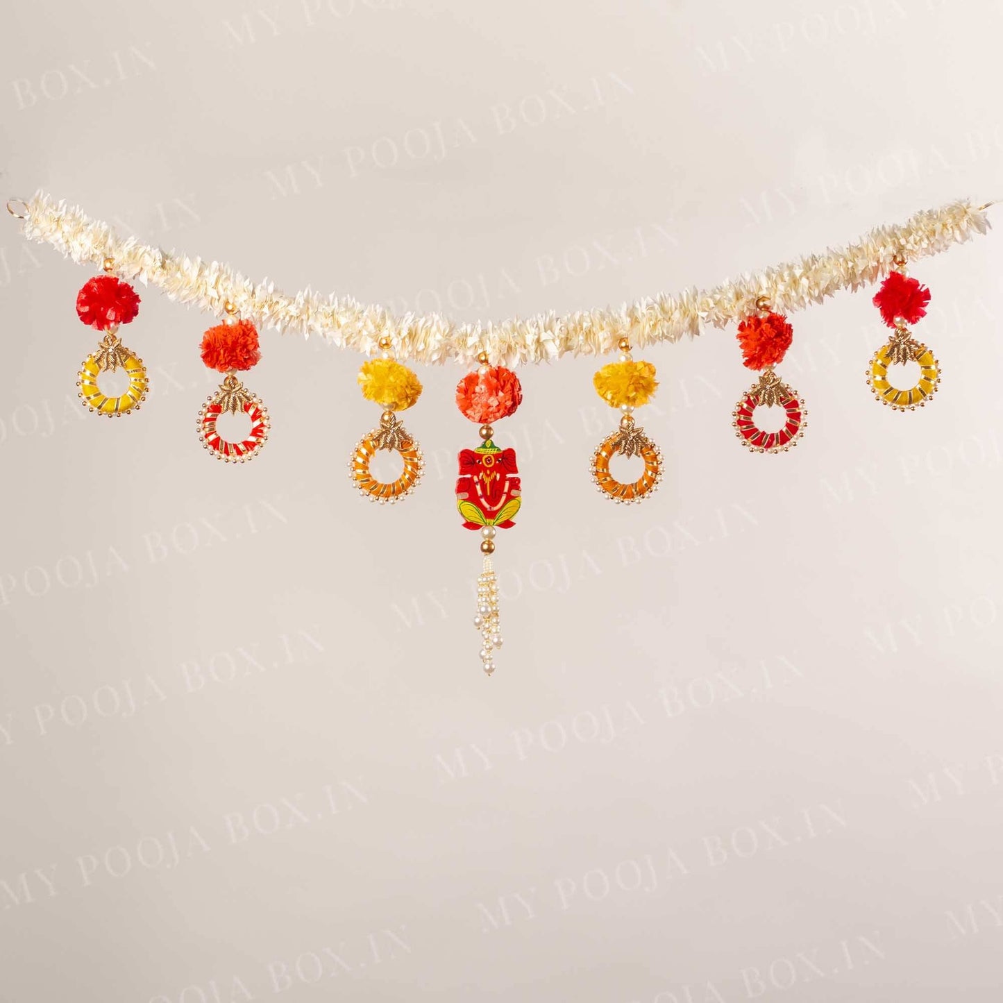 Exclusive Yellow and Red Flower Toran with Ganesha