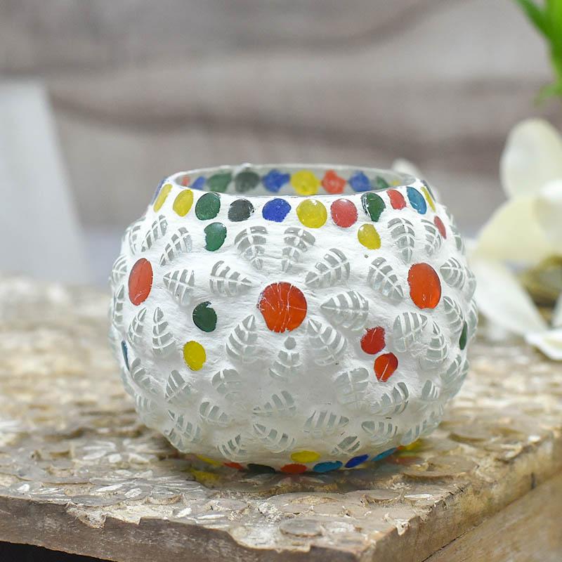 Colorful Floral Polka Dots Mosaic Glass T-light Candle Holder