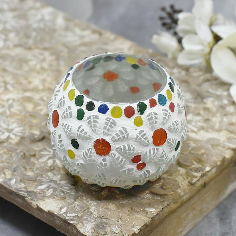 Colorful Floral Polka Dots Mosaic Glass T-light Candle Holder