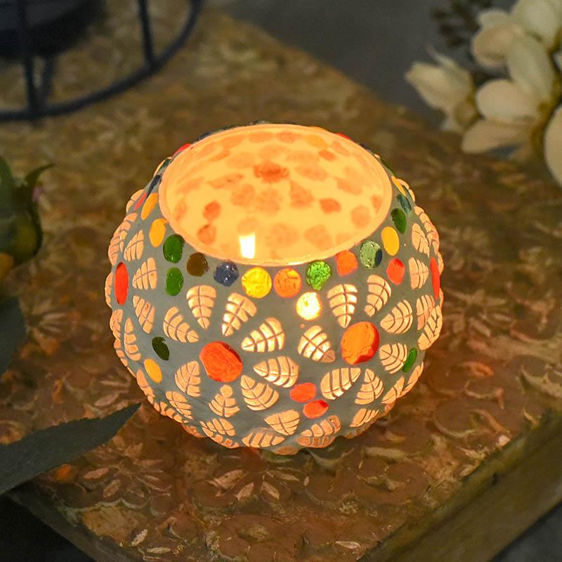 Colorful Floral Polka Dots Mosaic Glass T-light Candle Holder