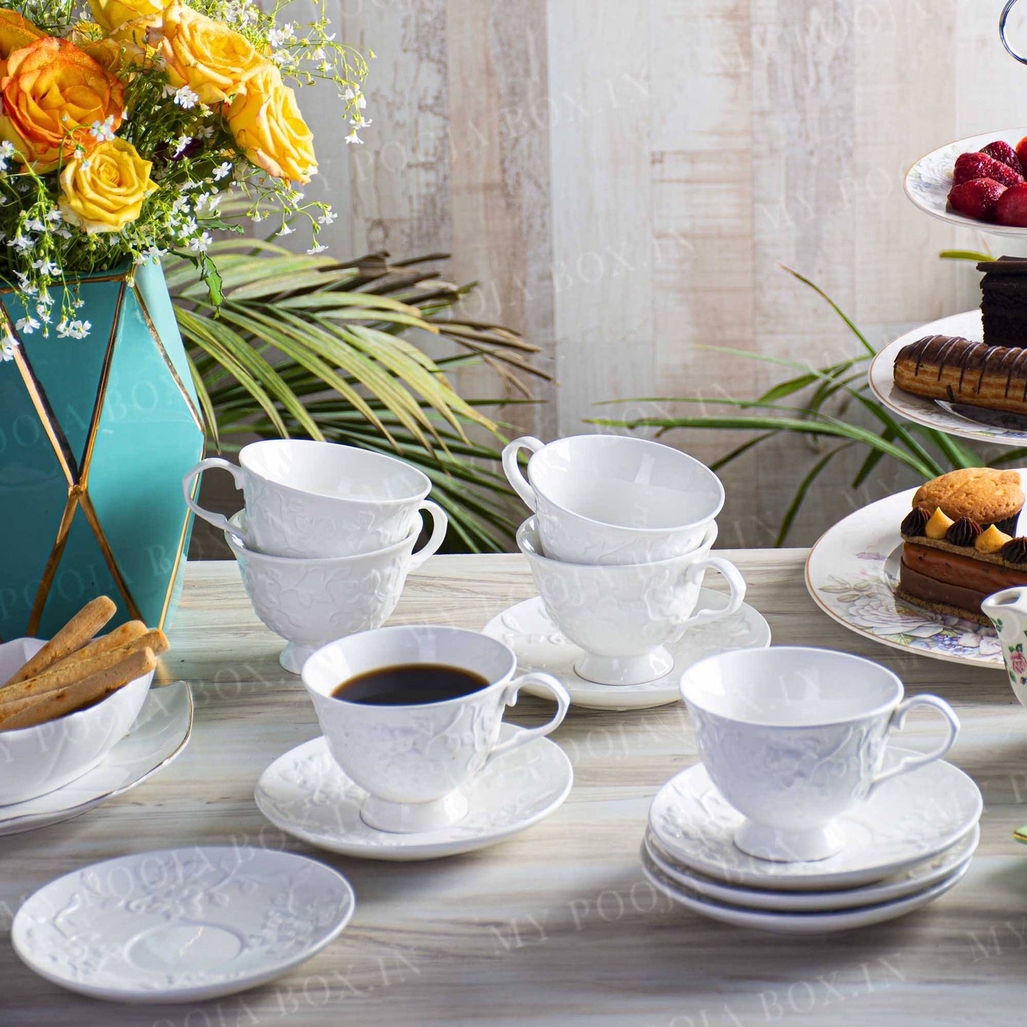 White Meadow Cups & Saucers (Set of 6)