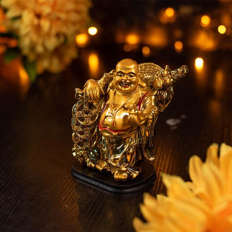 Feng Shui Golden Laughing Buddha with String of Coins for Wealth