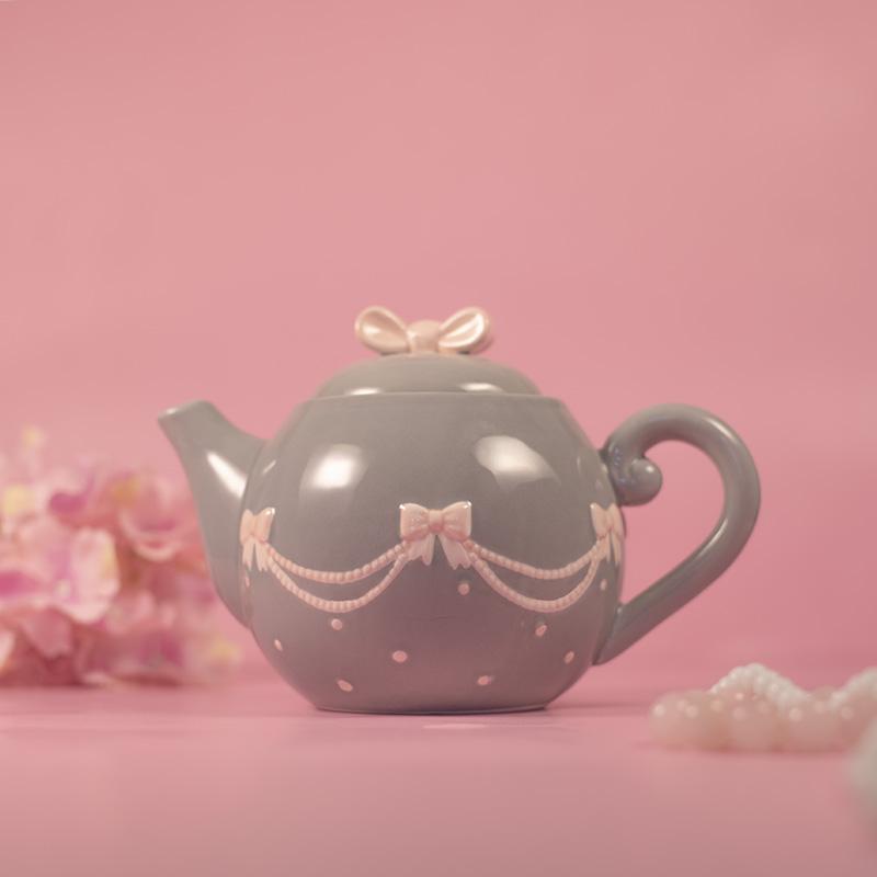 Pink & Grey Bow Tea Pot