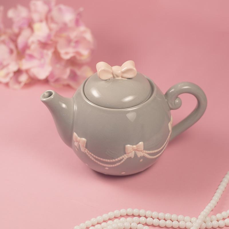 Pink & Grey Bow Tea Pot