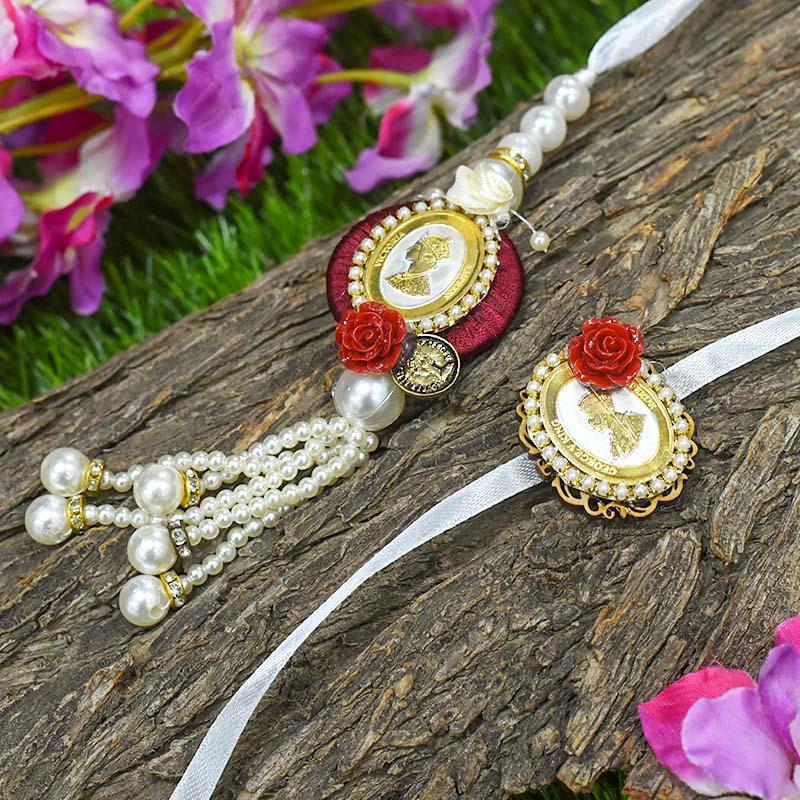 Silver Coin Beautiful Pearl Bhaiya Bhabhi Rakhi Set of 2