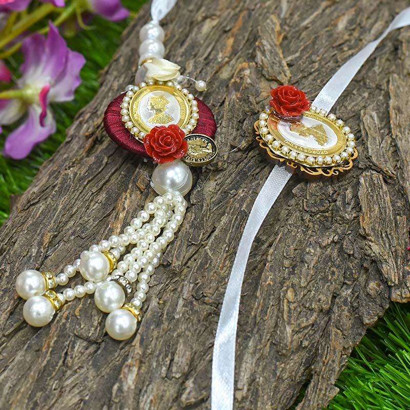 Silver Coin Beautiful Pearl Bhaiya Bhabhi Rakhi Set of 2