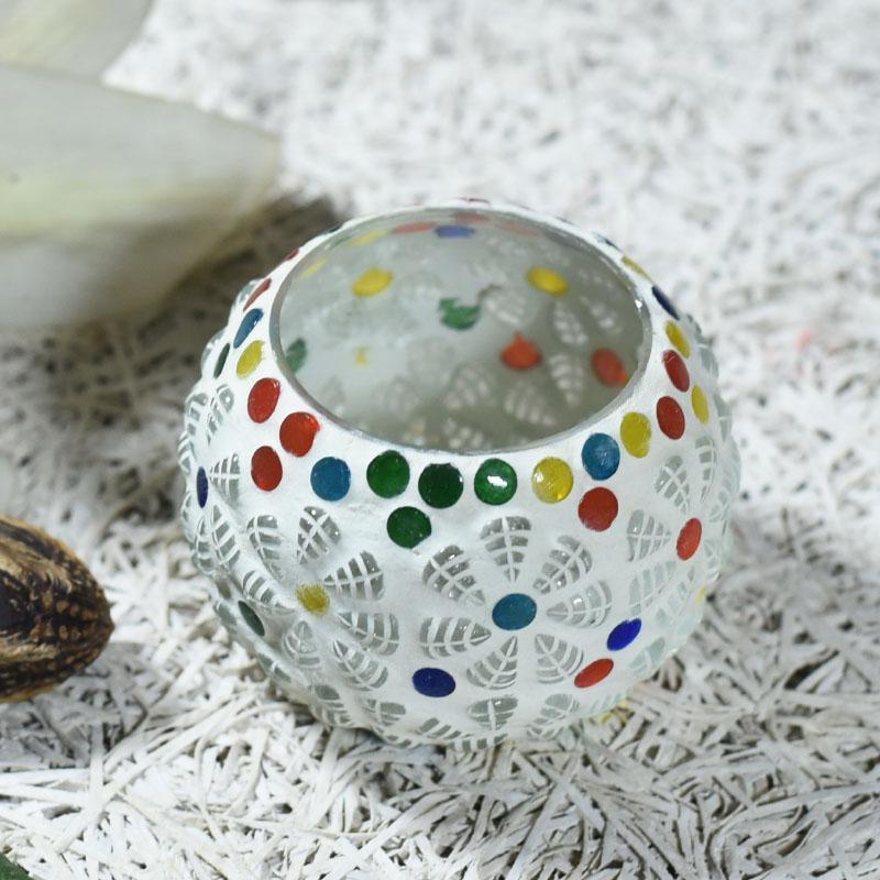 Colorful Floral Polka Dots Mosaic Glass T-light Candle Holder