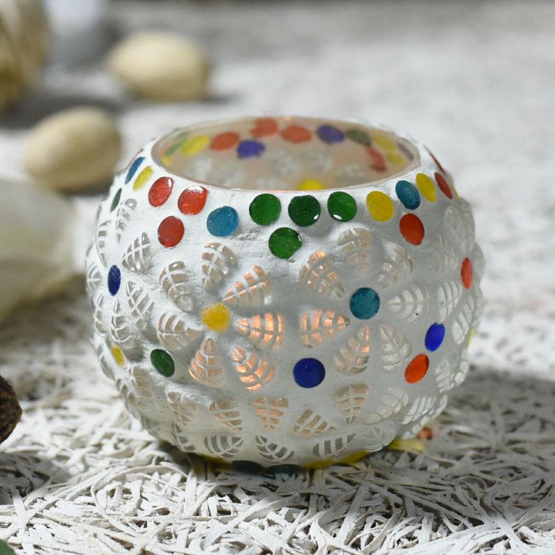 Colorful Floral Polka Dots Mosaic Glass T-light Candle Holder