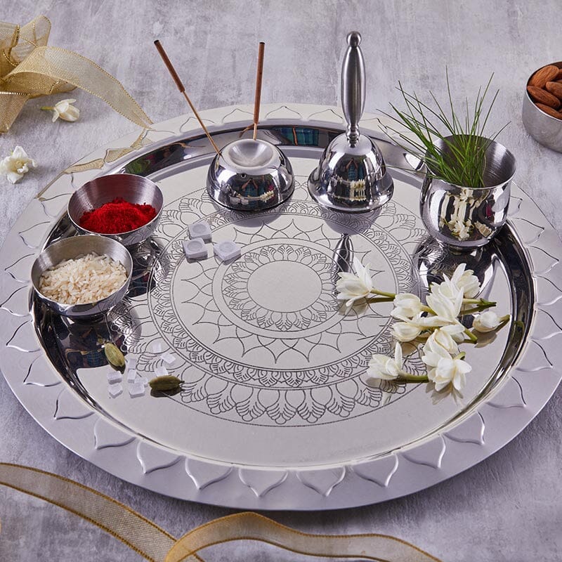 Silver Stainless Steel Pooja Thali Large (Set of 7)