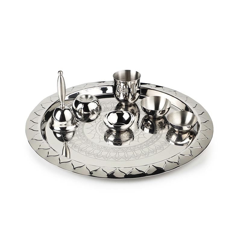 Silver Stainless Steel Pooja Thali Large (Set of 7)