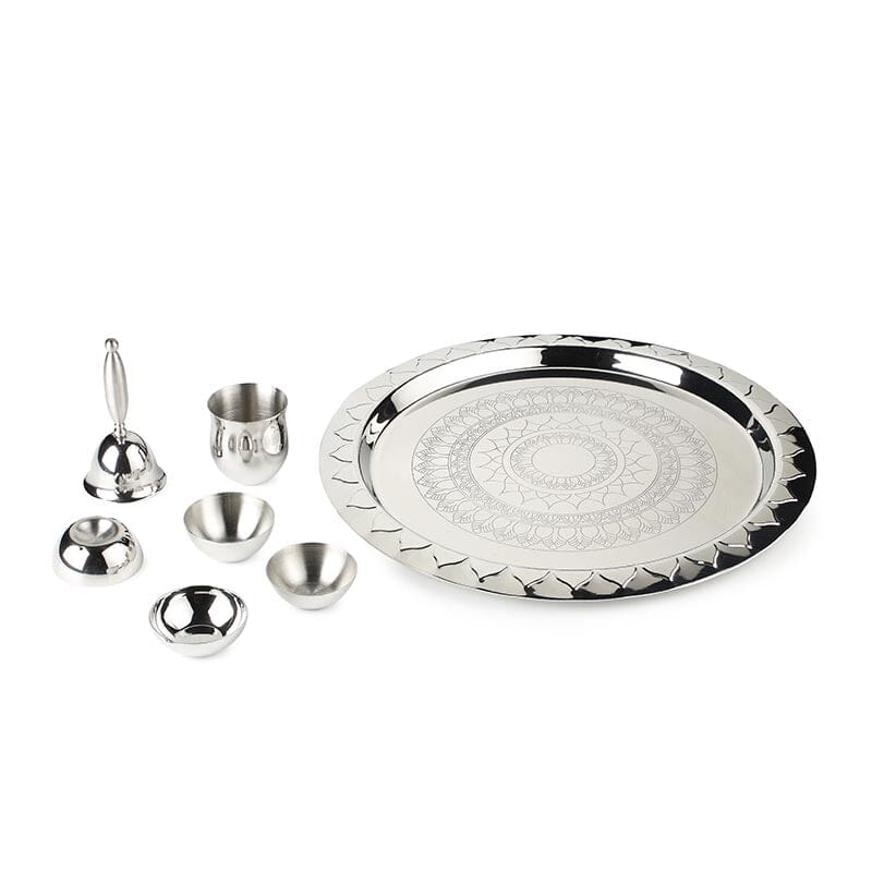 Silver Stainless Steel Pooja Thali Large (Set of 7)