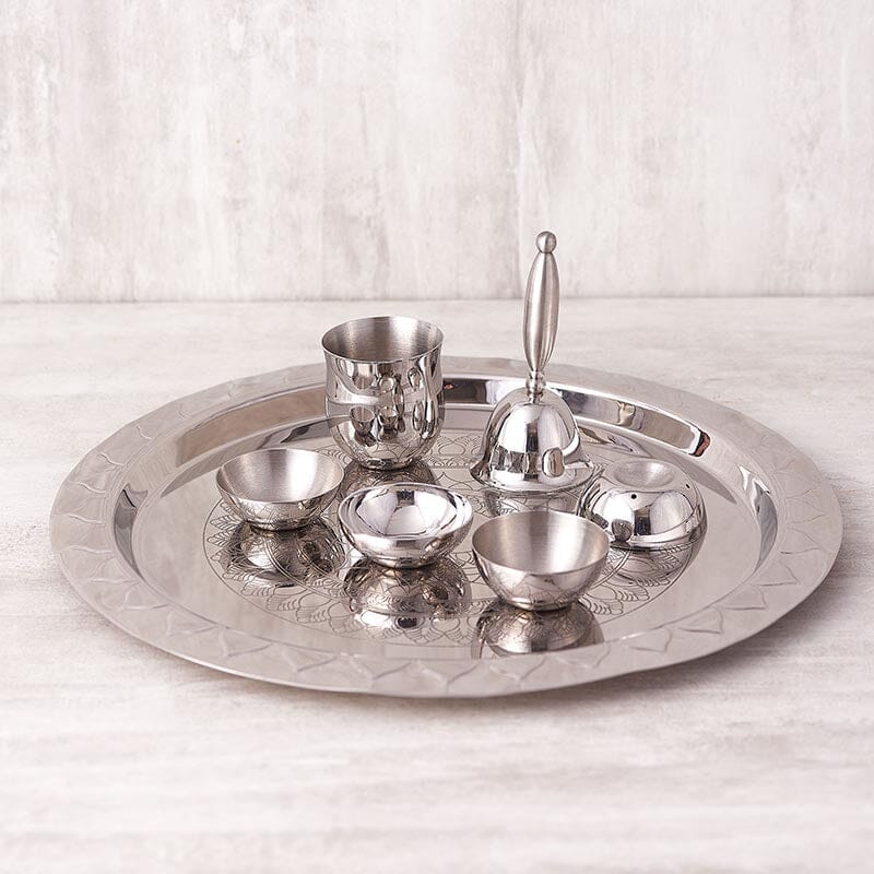 Silver Stainless Steel Pooja Thali Large (Set of 7)