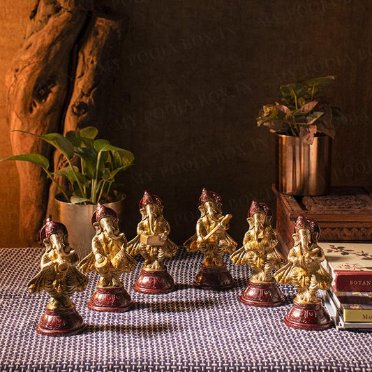 Brass Set of Six Musical Ganesha Idols