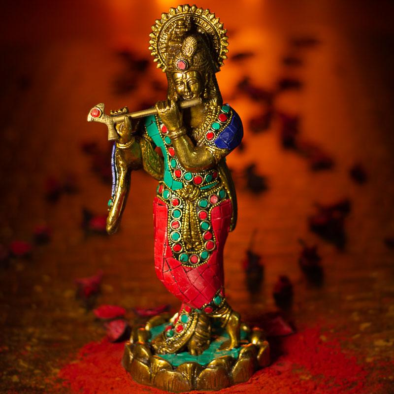 Antique Brass Krishna With Flute Statue
