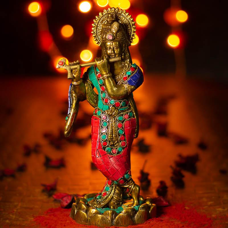 Antique Brass Krishna With Flute Statue