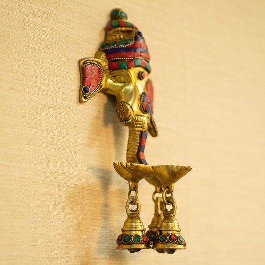 Antique Brass Ganesh Wall Hanging With Deepak & Hanging Bells
