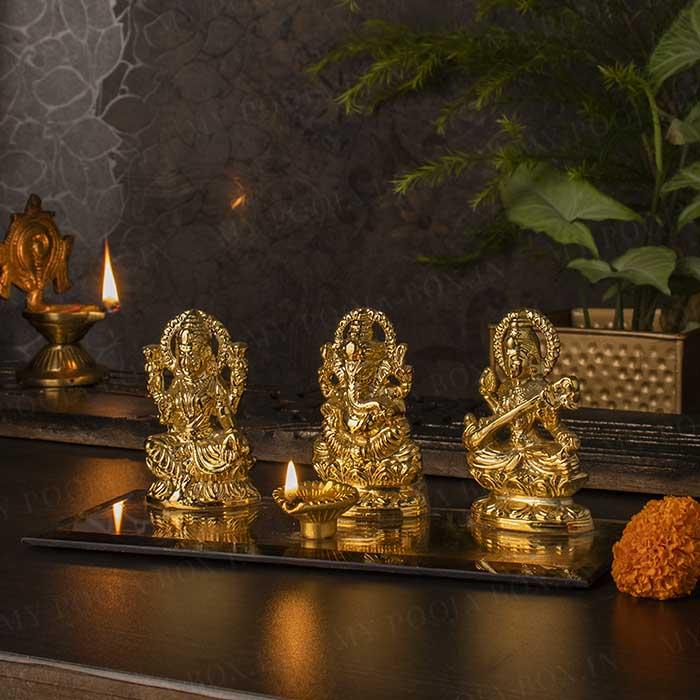 Divine Golden Ganesh Laxmi & Saraswati Idol