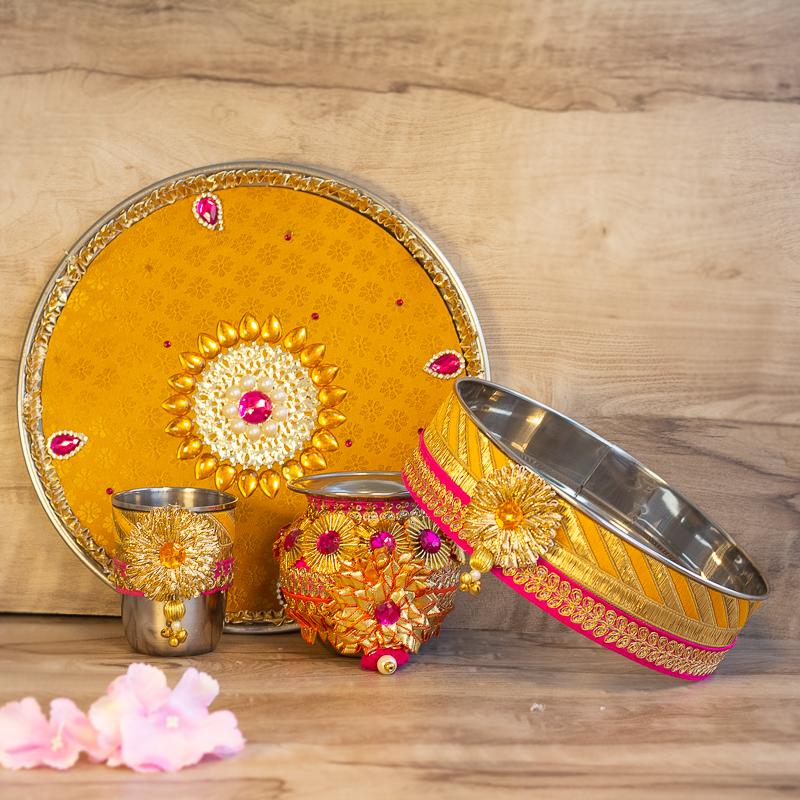 Eye-Catching Golden Pink Karwa Chauth Thali Set