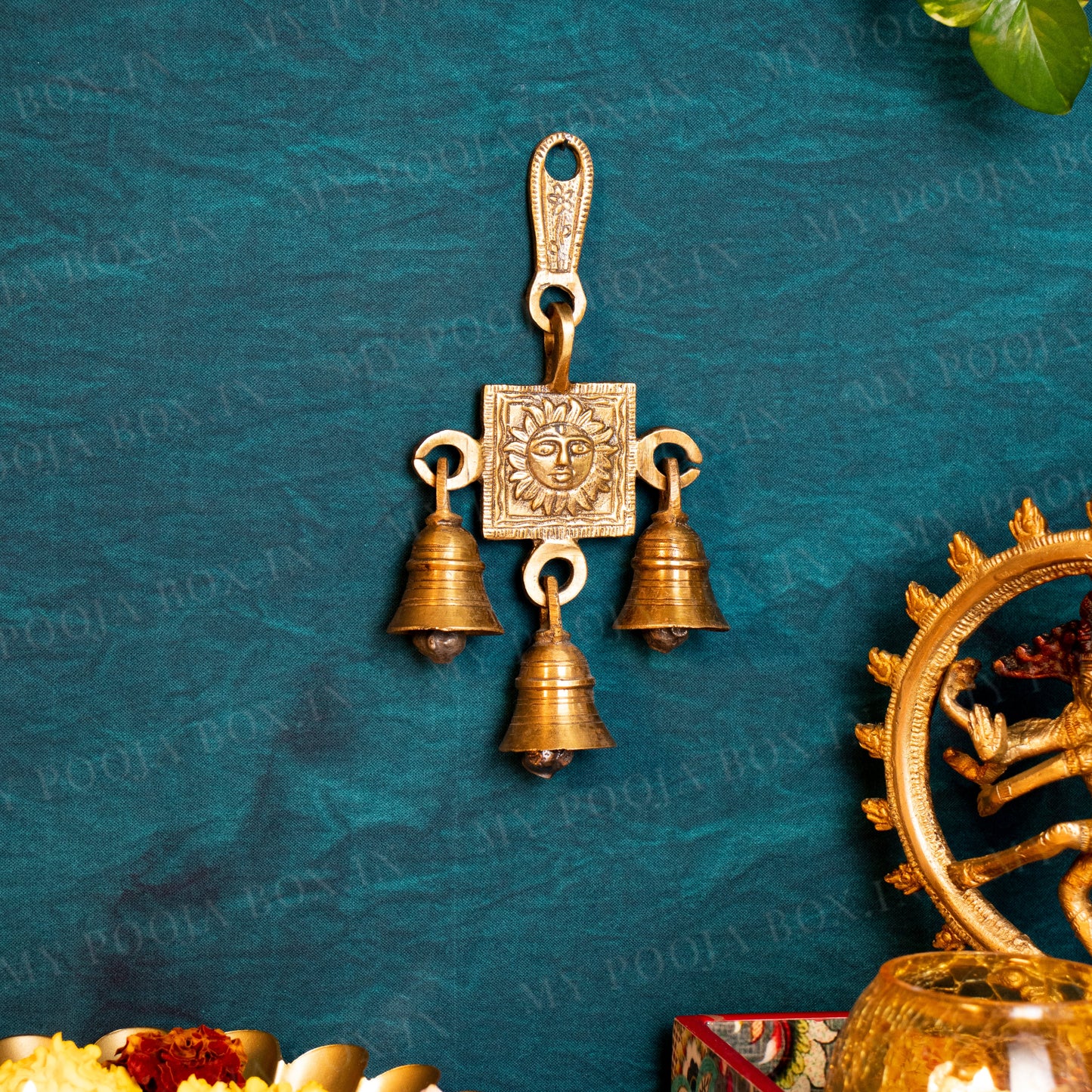 Antique Brass 3 Bells Door/Wall Hanging with Engraved Sun God