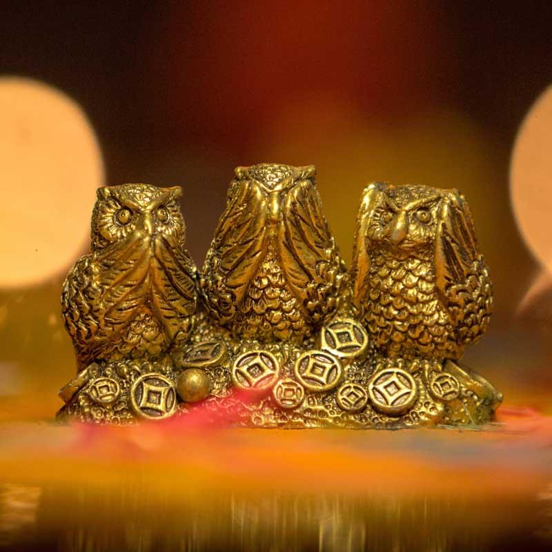 Feng Shui Three Golden Owls for Good Luck and Decoration