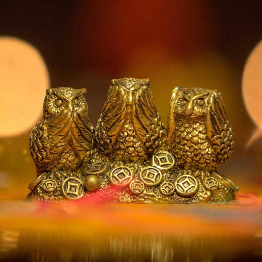 Feng Shui Three Golden Owls for Good Luck and Decoration