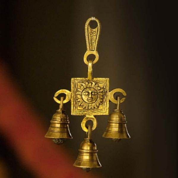 Antique Brass 3 Bells Door/Wall Hanging with Engraved Sun God