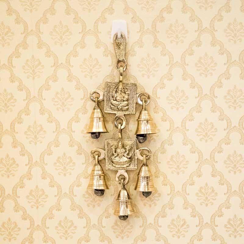 Antique Brass Door/Wall Hanging 5 Bells with Engraved Laxmi & Ganesh