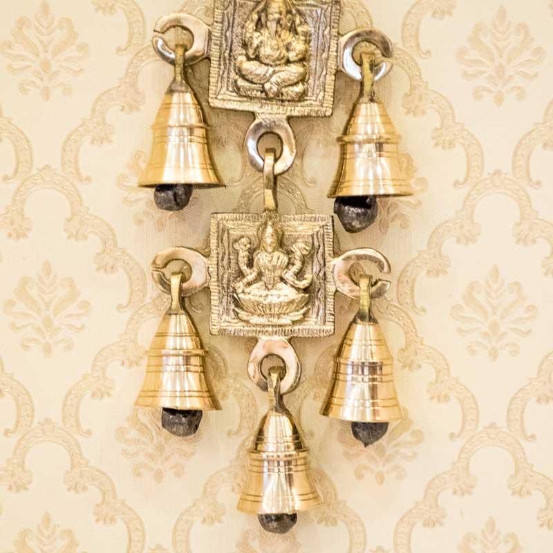 Antique Brass Door/Wall Hanging 5 Bells with Engraved Laxmi & Ganesh